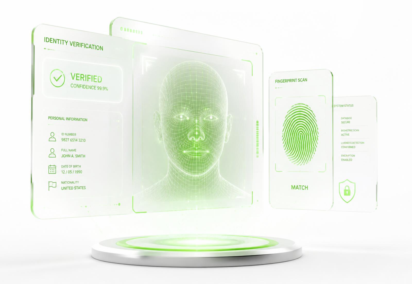 Holographic identity verification dashboard showing a completed KYC check