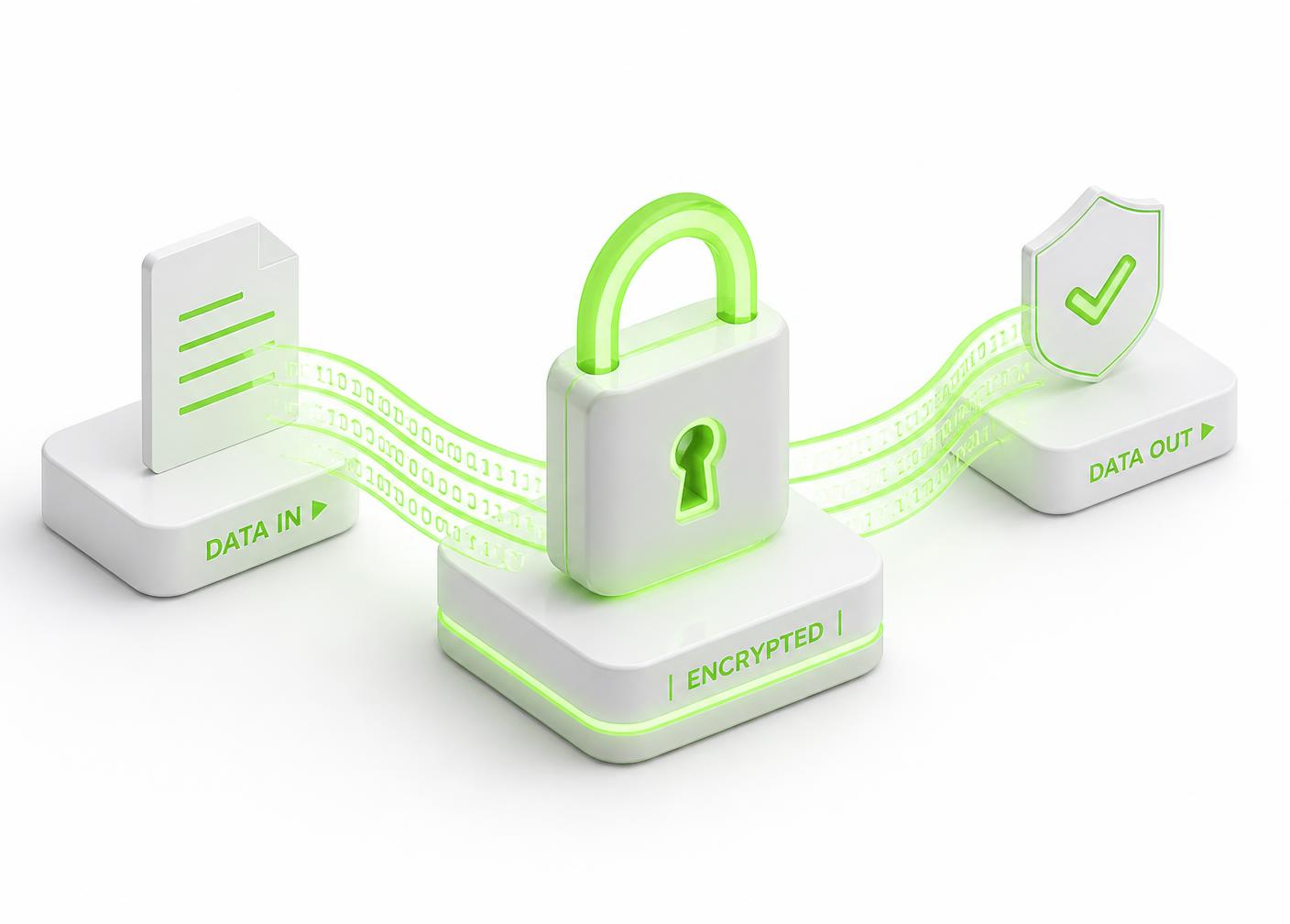 Encrypted data pipeline illustration with a green padlock