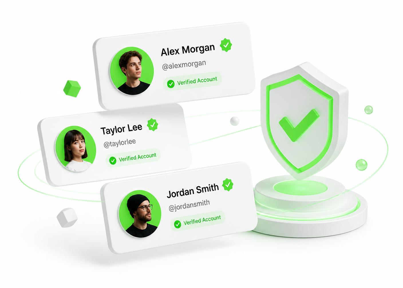 Verified account cards with green verification badges